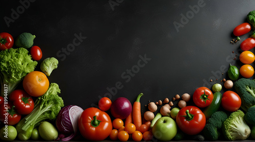 Many fruits and vegetables falling into water against black background. Genrative.ai 