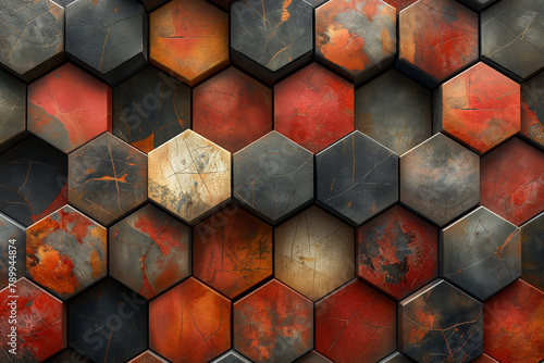 3d rendering of abstract fractal background with embossed hexagons, decorative grunge backdrop, generative ai