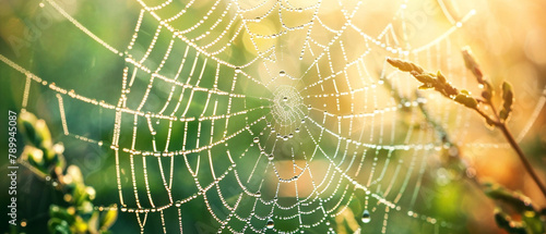 Glistening spiderweb covered in dewdrops, catching the sunlight in a captivating and intricate pattern.