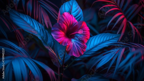  A red-and-blue flower sits in the heart of a plant, its green foliage adorned with red and blue leaves, against a backdrop of similar hued flora