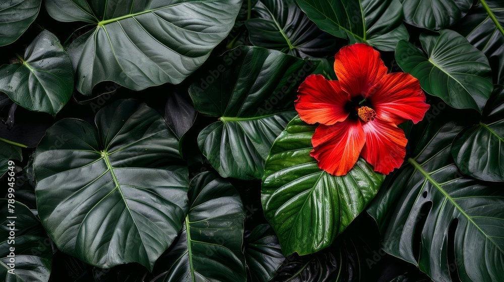 A red flower atop a lush green leafy field A red flower atop a lush green leafy field