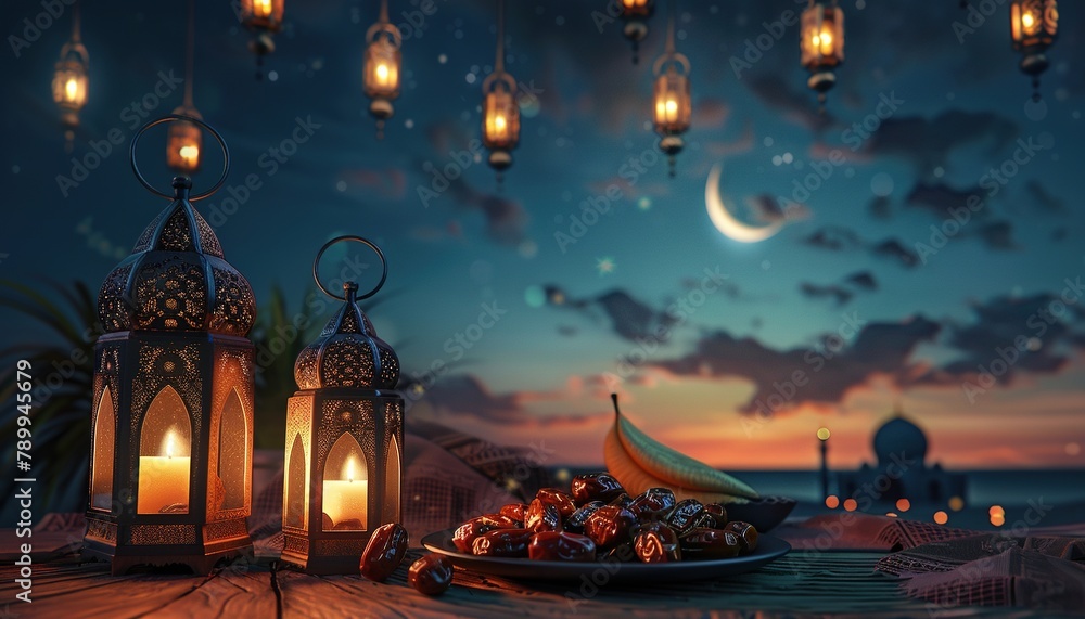 Fototapeta premium Ramadan dates on the table with Arabic lanterns. Created with Ai technology.