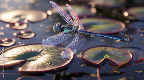 A delicate dragonfly hovering above a pond, its iridescent wings shimmering in the sunlight as it gracefully flits from one lily pad to another