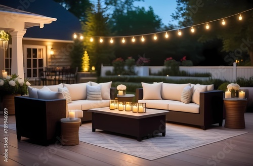 Cozy patio with sofa, table, chairs and candles. Perfect for relaxing and entertaining outdoors. Romantic setting for sitting with friends and loved ones