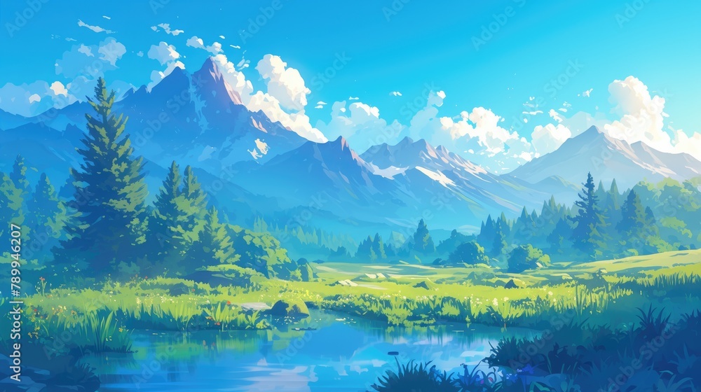 Obraz premium A serene morning mountain scene depicted in a stunning 2d image of a natural backdrop