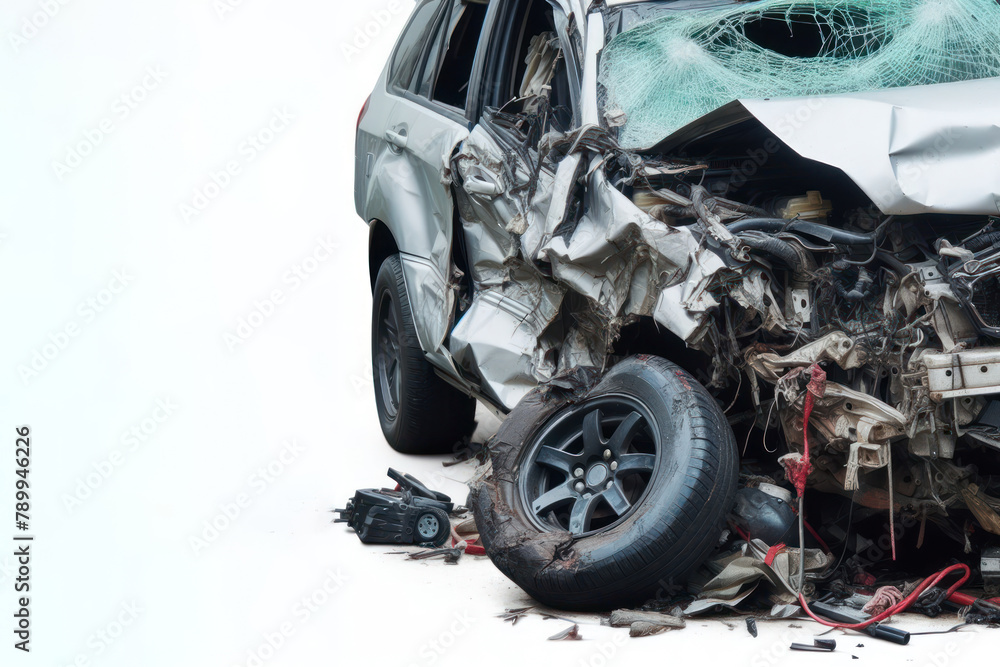 car damaged in accident isolated on white background copy space car damaged in accident isolated on white background copy space