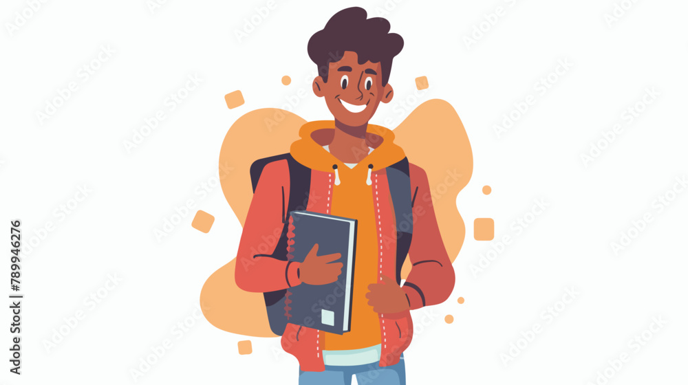Smiling is holding notebook isolated. Vector flat illustration