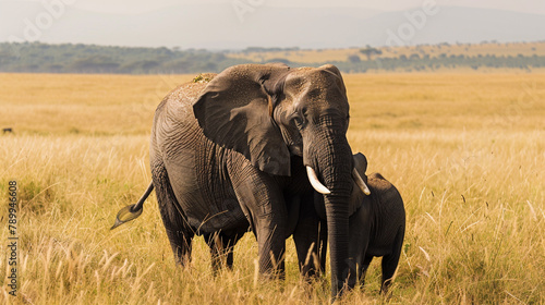 A mother elephant tenderly caring for her calf in the heart of the African savanna, showcasing the bond between parent and offspring in the animal kingdom photo