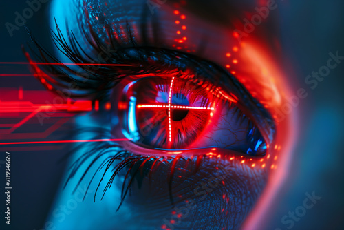 Futuristic Ophthalmology Laser Treatment on Female Eye with Red Crosshair