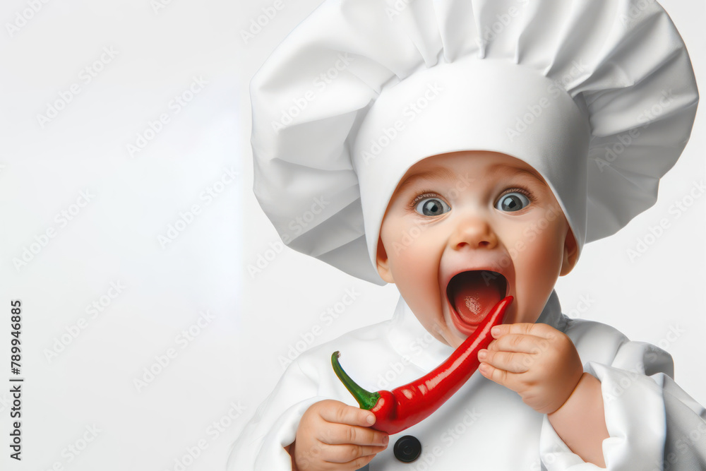 chef baby with open mouth holding Chili pepper isolated on a white background copy space chef baby with open mouth holding Chili pepper isolated on a white background copy space