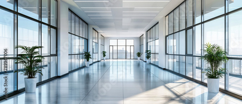 Bright and Modern Office Corridor  Sleek Design with Glass Walls and Minimalist Decor  Contemporary Workplace