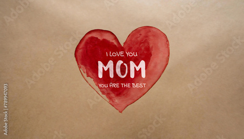 Hand-drawn heart with red watercolor on brown textured paper with ‘I Love You Mom’ text.