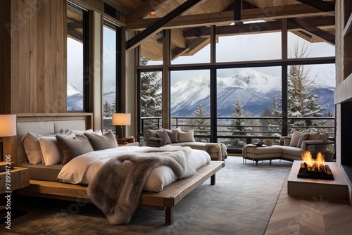 Panoramic Mountain View: Cozy Lodge Bedroom with Expansive Windows