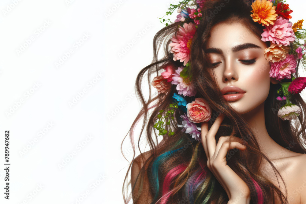 Naklejka premium Woman with colorful flowers in her long hair, love and emotion concept isolated on white background