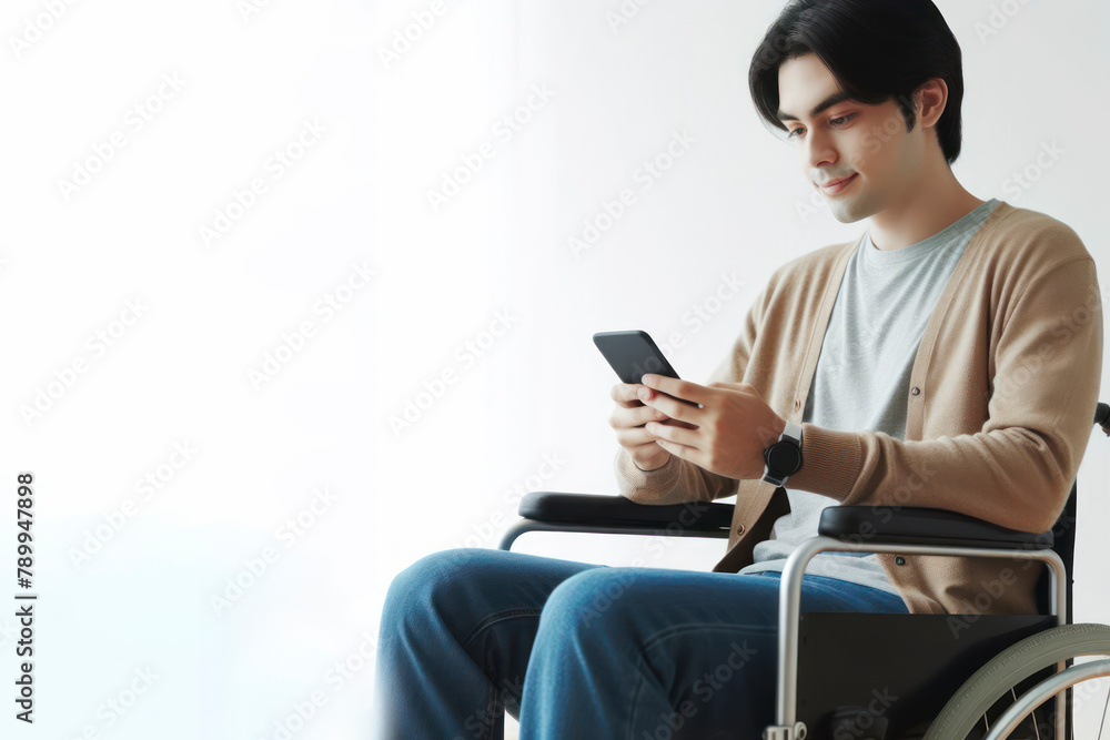 A disabled person sitting in a wheelchair with smartphone on white background copy space A disabled person sitting in a wheelchair with smartphone on white background copy space