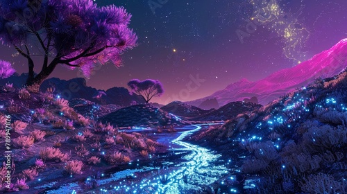 Virtual landscape featuring futuristic terrain, neon rivers and metallic trees under a binary star system, otherworldly and vibrant © Jenjira
