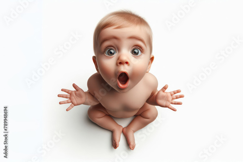 full length wide angle shot of a baby with a surprised isolated on a white background photo