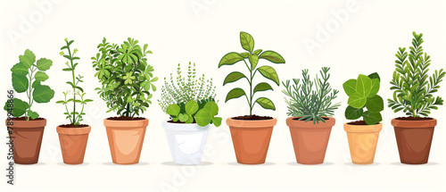 Assorted herbs in pots in various sizes and styles  showcasing a vibrant green color palette.
