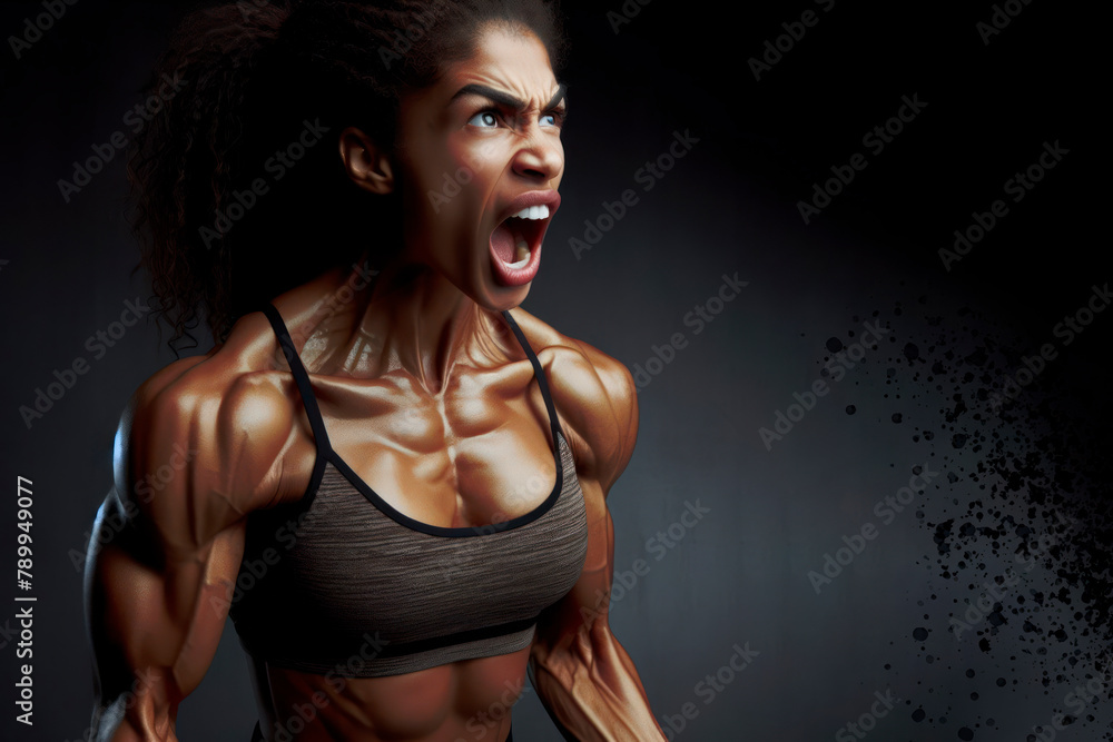 Naklejka premium muscular woman with tense muscles and screaming copy space on a dark background