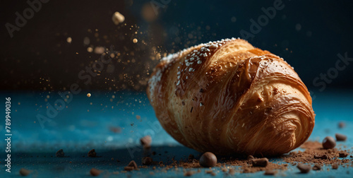 Croissant on a blue background, sprinkled with chocolate and powder