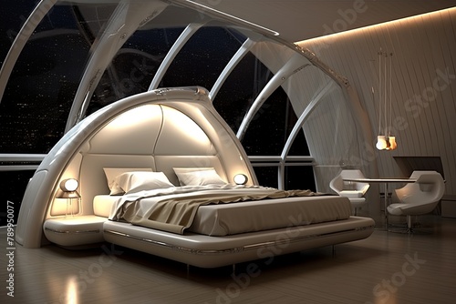 Gravity-Defying Furniture in Futuristic Biodome Bedroom: Atmosphere-Controlled Innovation