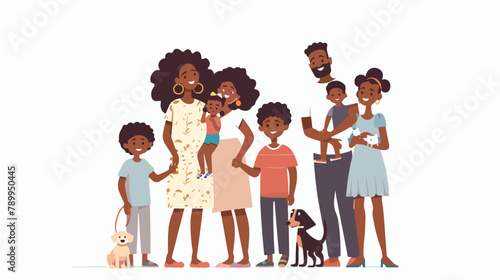 Mother and father with children and dog. Happy afro A