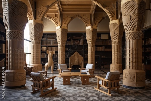 Elephant Tusk Ornaments & Geometric Pattern Throws in the Grand Library of Alexandria Study Room