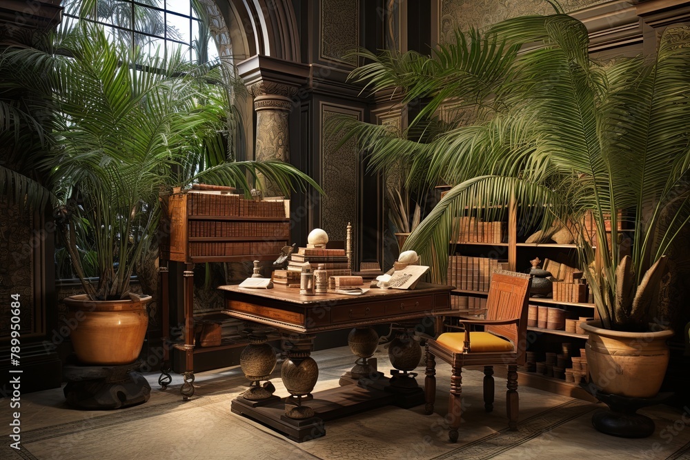 Grand Library of Alexandria Study Room: Scribe-inspired Writing Desk with Potted Palms Elegance