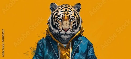 tiger in a tracksuit on a yellow background. strong emotions. speaks scream. generative ai