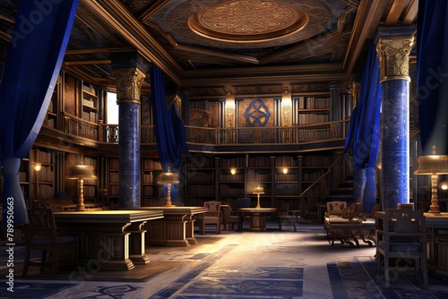 Grand Library of Alexandria Study Room: Royal Blue Draperies & Gold Leaf Ceiling Frescoes Elegance