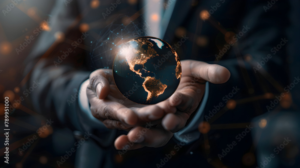 Fototapeta premium Unlocking Success: Businessman Harnessing the Power of Fortune Telling with Virtual Globe Secrets