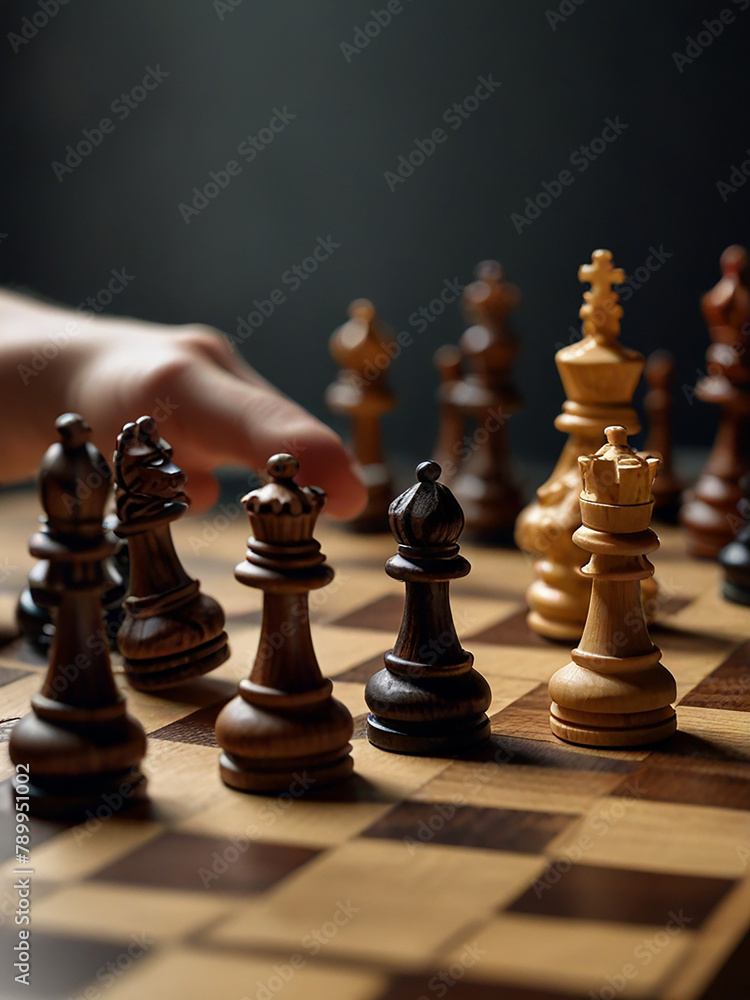 Chess pieces on the chessboard and dark dim light Chess pieces on the chessboard and dark dim light