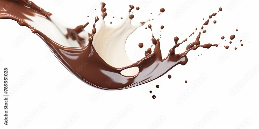 Splash of chocolate and white milk flow mixed on white background	
