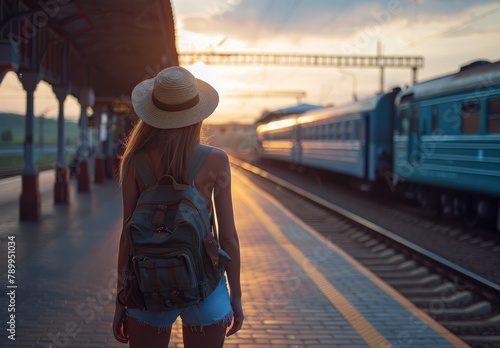 Awaiting the Journey Home: Female Traveler on Train Station Platform