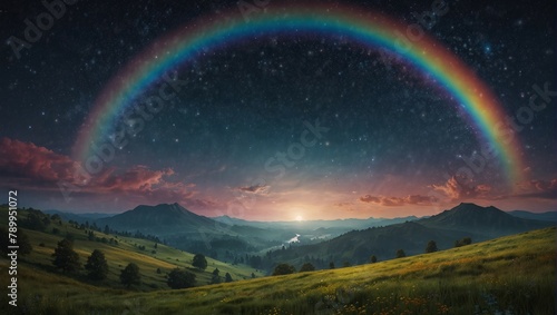 surreal landscape with rainbow of stars hovering over a dreamy world filled with wonder and magic