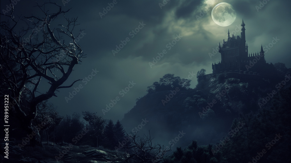 Fantasy fairytale scary castle gothic architecture style silhouette on the hill against moonlight sky with soft clouds texture