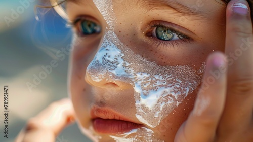 Sunscreen being applied on a childs face, the texture of the cream and the protective hand detailed and tender photo