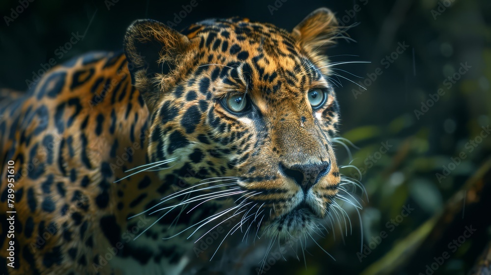 Fototapeta premium A tight shot of a leopard's face, surrounded by a hazy background of trees and bushes