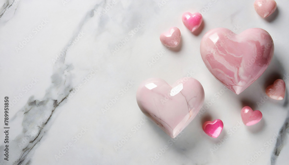 Fototapeta premium Minimalist setup of two large pink glossy marble heart shapes accompanied by smaller hearts on a white marble background.