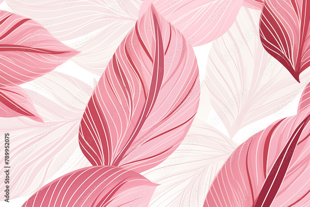 An abstract of foliage line art vector on white background, pink pastel color tropical leaf in hand drawn pattern for fabric