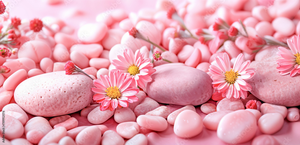 Pink Spa Stones & Delicate Flowers on Pink Background. Relaxation & Self-Care. Pink Spring Flowers & Stones on Pastel Pink Background. Celebrating Spring Pink Spa Stones & Delicate Flowers on Pink Background. Relaxation & Self-Care. Pink Spring Flowers & Stones on Pastel Pink Background. Celebrating Spring