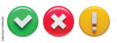 Acceptance, rejection and attention symbols in glossy circles set, 3d buttons. Right, wrong and exclamation check marks three-dimensional rendering vector illustration