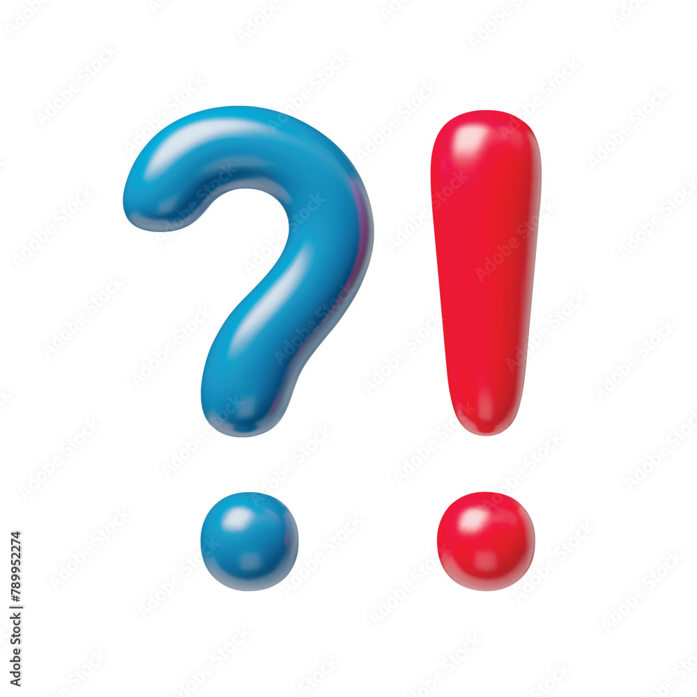 Blue question and red exclamation signs realistic 3d symbols. Glossy