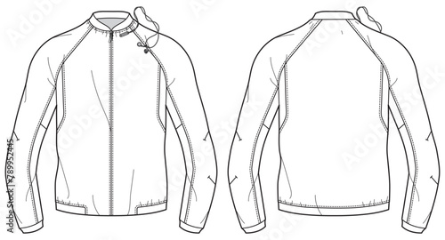Track Bomber jacket design flat sketch Illustration front and back view vector template, Sport Winter Jacket CAD drawing mock up template for men and women