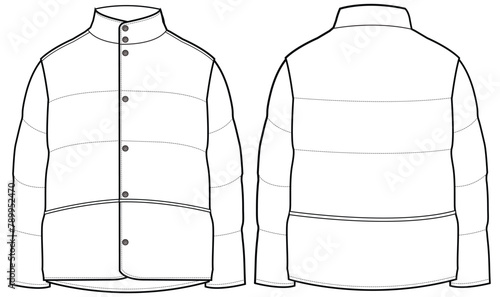 Puffer jacket design flat sketch Illustration front and back view vector template, Quilted Puffa winter Jacket for men and women
