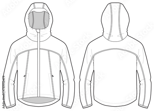 Long sleeve Hoodie jacket design flat sketch Illustration, Protection mid layer Hooded jacket with front and back view, winter hoody jacket for Men and women. for hiker, outerwear in winter