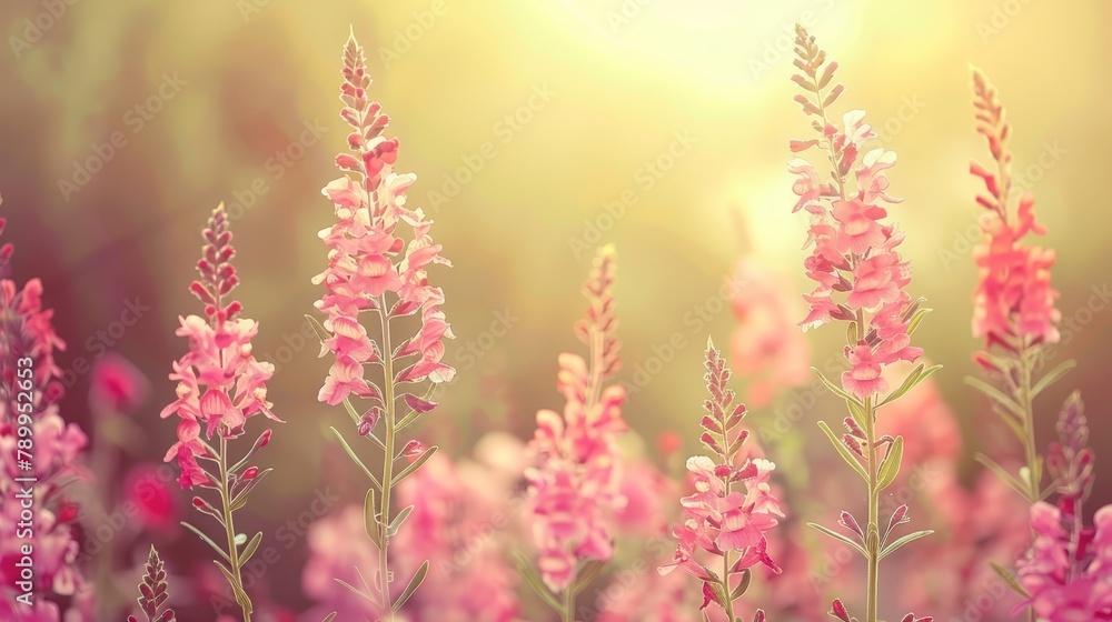   A field filled with pink flowers, sun shining through the background trees