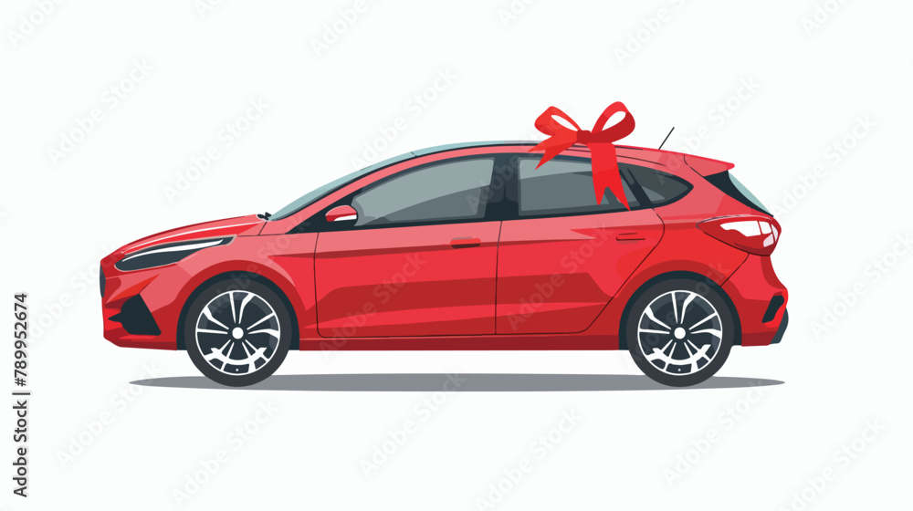 New compact hatchback car as a gift. Vector flat styl
