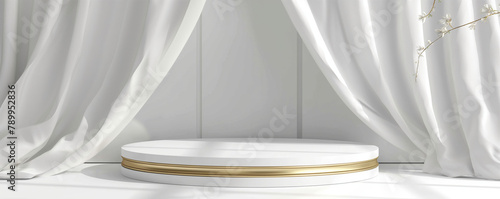 Luxury White podium, 3d rendering, white curtains on a white background for branding and product presentation