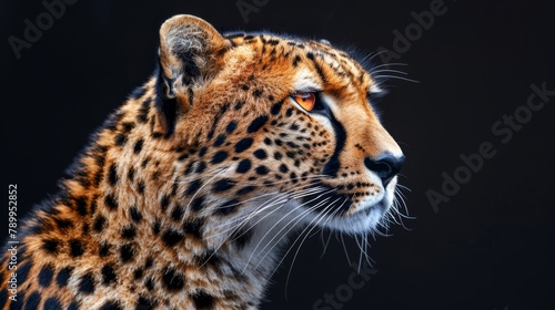   A tight shot of a cheetah s intense face  set against a black backdrop